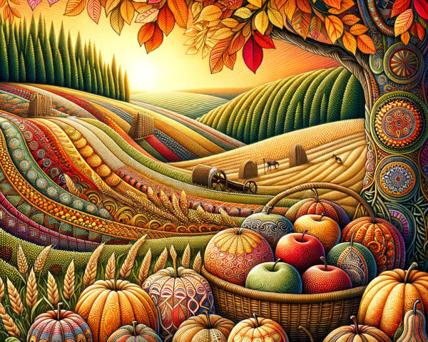 Vibrant Autumn Landscape with Colorful Harvest Elements