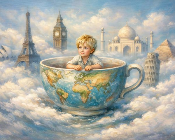 Dream-like oil painting of a child in a mug with landmarks
