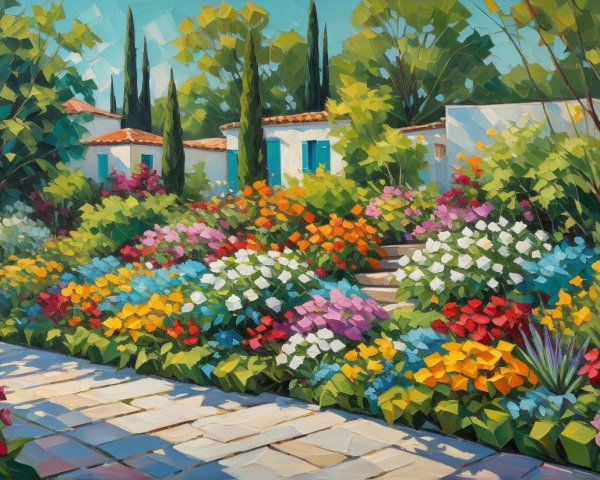 Vibrant garden pathway with colorful flowers and greenery