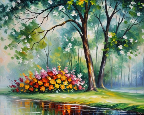 Vibrant Landscape with Trees and Colorful Flowers