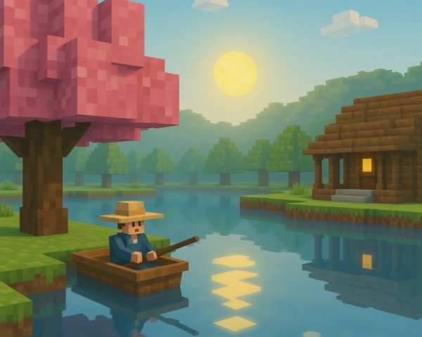 Pixelated Serene Landscape with Cherry Blossom Tree