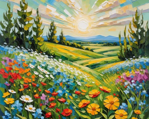Vibrant Landscape with Colorful Wildflowers and Sunlight
