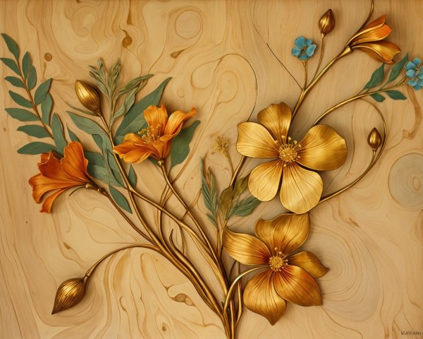 Three-Dimensional Golden Flower Arrangement on Wood