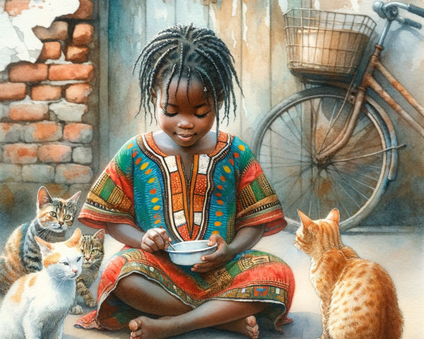 Young girl in patterned dress feeding playful cats