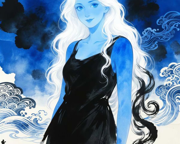 Anime-Style Goddess with Ethereal Blue Aesthetics