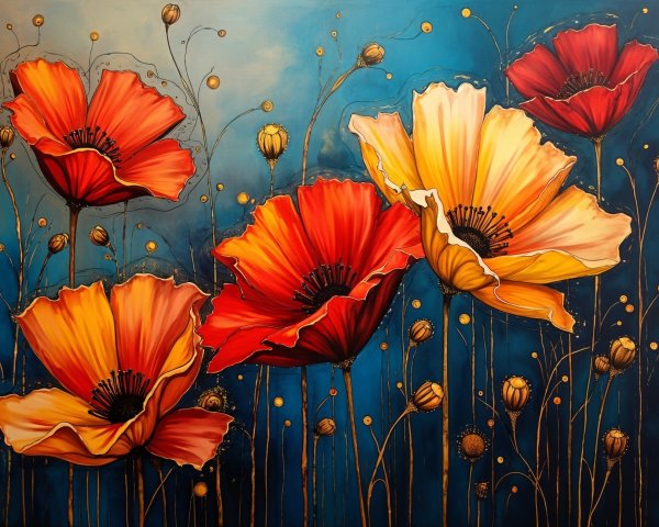 Vibrant Painting of Bold Poppies on Blue Background