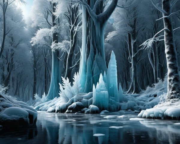 Frozen Winter Landscape with Dark Blue River