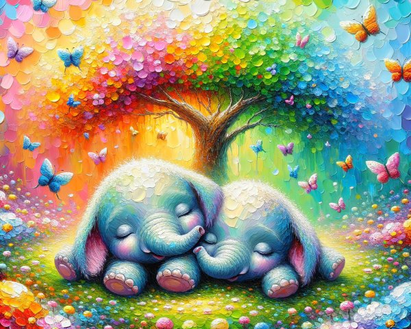 Sleeping Elephants in a Colorful Meadow Scene