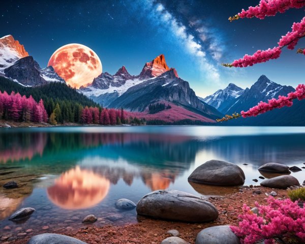 Tranquil Lake with Mountain Peaks and Cherry Blossoms