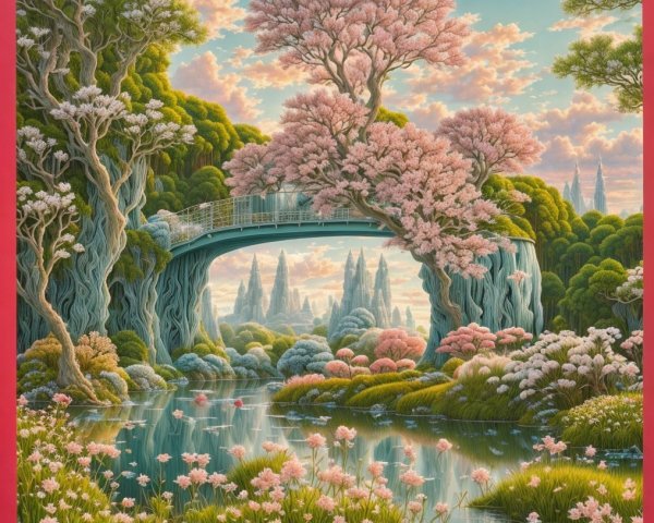 Serene Landscape with River, Bridge, and Cherry Blossoms