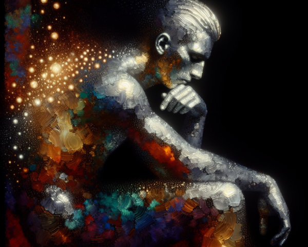 Contemplative Figure in Metallic and Vibrant Colors