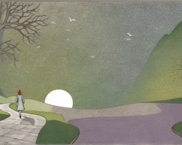 Serene Landscape with Winding Path and Rising Sun