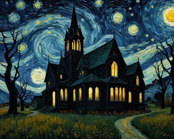 Gothic-style house under a starry night sky