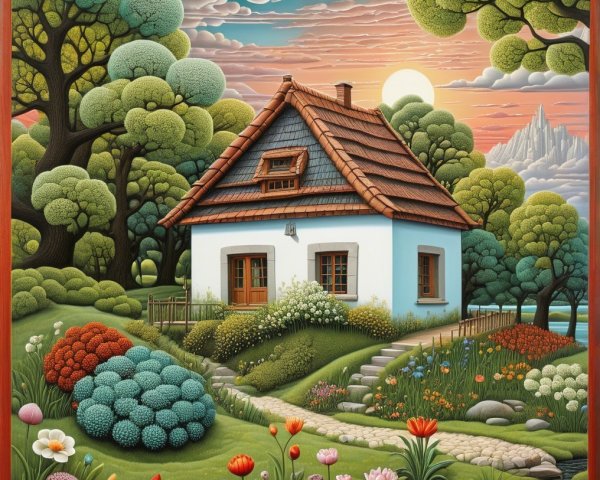Charming house surrounded by vibrant trees and flowers