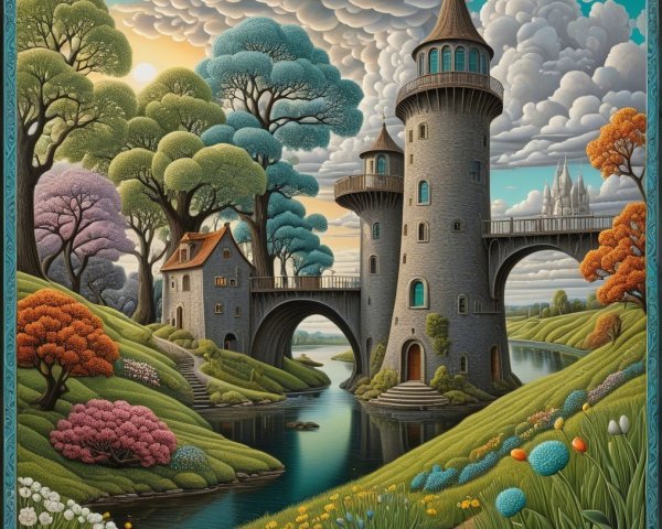 Whimsical Landscape with Castle and Colorful Nature