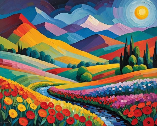 Vibrant Landscape with Colorful Hills and Flowers