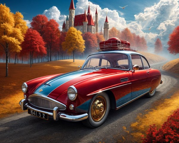 Vintage Car on Winding Road with Autumn Trees and Castle
