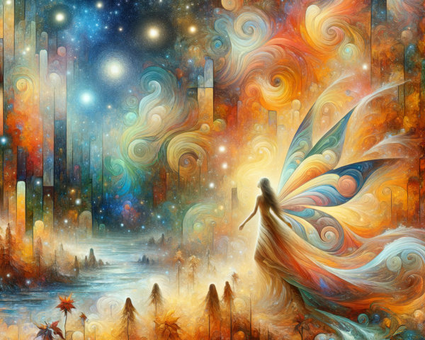 Colorful Dress and Ethereal Wings in Vibrant Landscape
