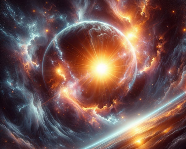 Vibrant Cosmic Scene with Glowing Sun and Stars