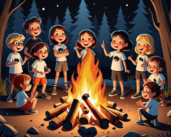 Kids Enjoy Campfire Stories in a Forest at Night