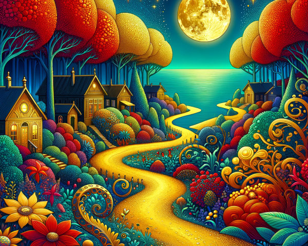 Whimsical Landscape with Golden Path and Serene Water