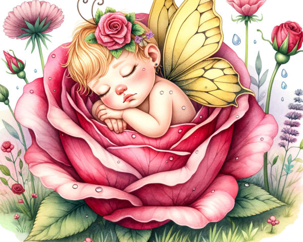 Fairy Baby Sleeping in a Pink Rose Garden Scene