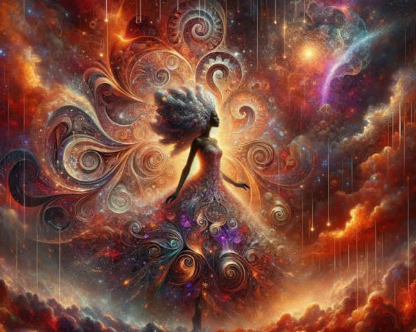 Cosmic Figure in Vibrant Swirl of Colors and Patterns