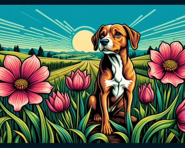 Beagle Surrounded by Pink Flowers in Scenic Landscape