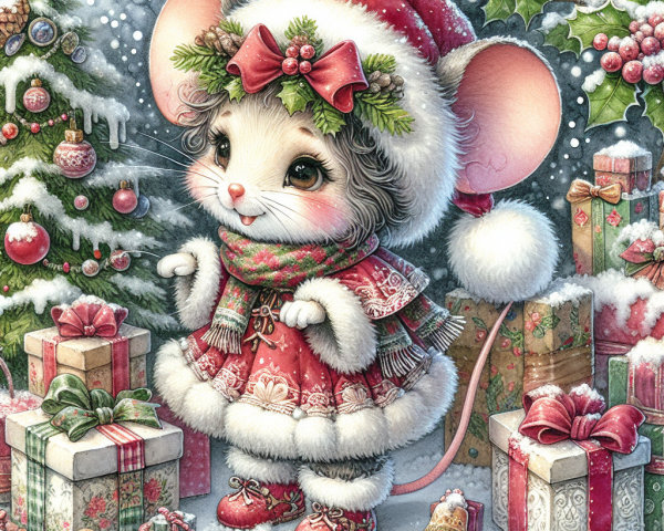 Adorable Mouse in Winter Outfit Amid Christmas Decor