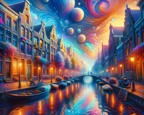 Vibrant Canal Scene with Cosmic Galaxy Above