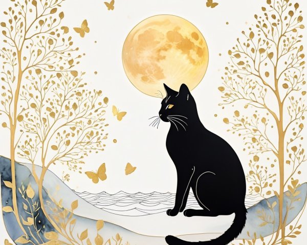 Black Cat Amidst Gold Trees and Butterflies at Night