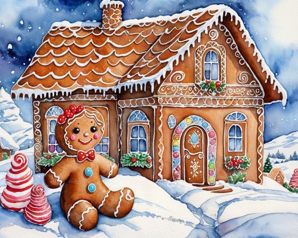 Whimsical Gingerbread House in a Snowy Landscape
