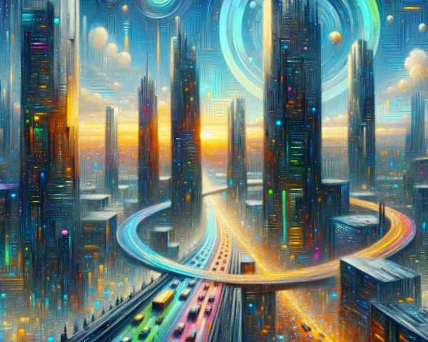 Futuristic cityscape with skyscrapers and vibrant skies