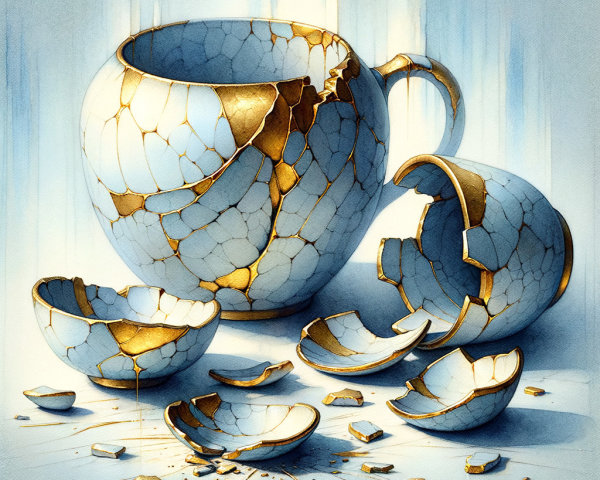 Cracked Ceramic Cup with Golden Veins on Blue Background