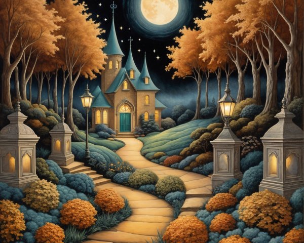 Whimsical House Scene Under Full Moon and Autumn Trees