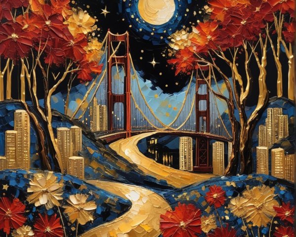Vibrant Painting of Golden Gate Bridge at Night