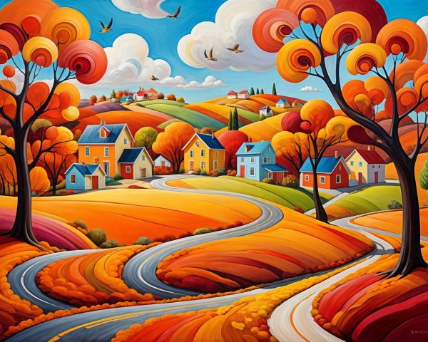 Vibrant Autumn Landscape with Colorful Trees and Homes