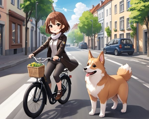 Young girl biking with corgi in a charming neighborhood