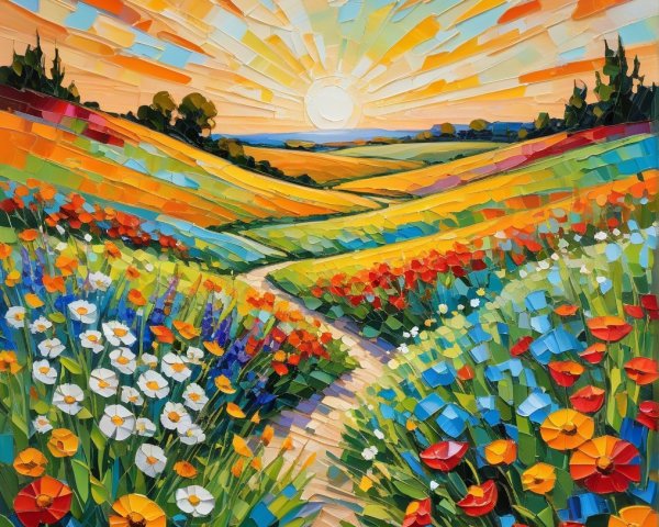 Vibrant Landscape with Colorful Flowers and Sunrise