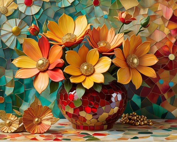 Large Orange and Yellow Flowers in Mosaic Vase