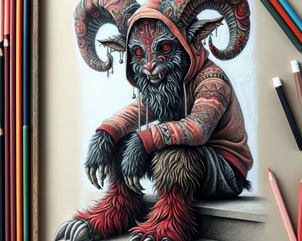 Whimsical creature with ram horns in cozy hoodie
