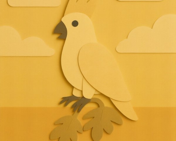 Stylized Paper Bird with Crown on Branch and Leaves
