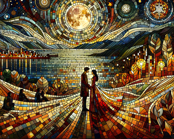 Stained-Glass Artwork of Embracing Couple in Landscape