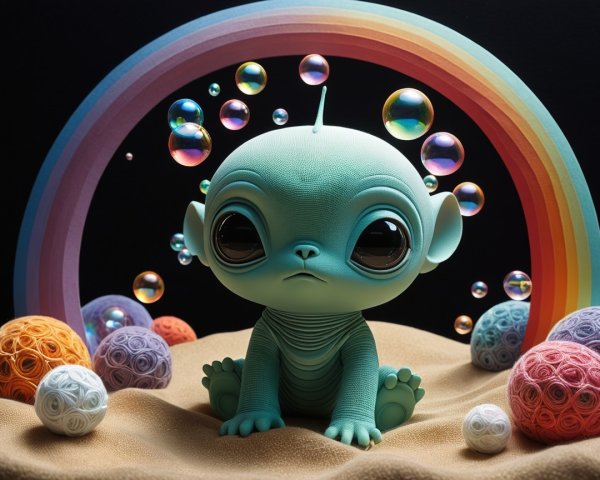 Whimsical Turquoise Alien in Colorful Landscape