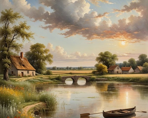 Serene Landscape with River and Colorful Sunset