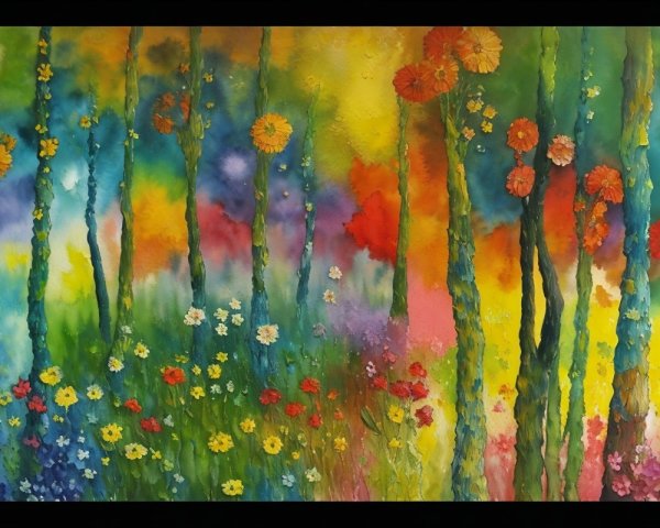 Vibrant Abstract Landscape with Colorful Trees and Flowers
