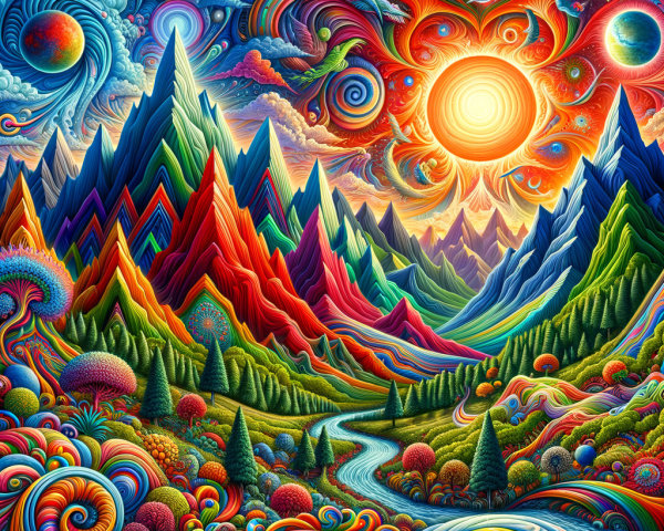 Surreal Landscape with Colorful Mountains and Rivers