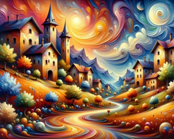 Vibrant Whimsical Landscape with Colorful Houses and Sky