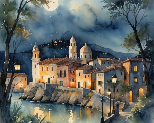 Serene Coastal Village at Night with Moonlight Reflection