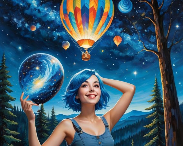 Young woman with blue hair and balloon in forest scene